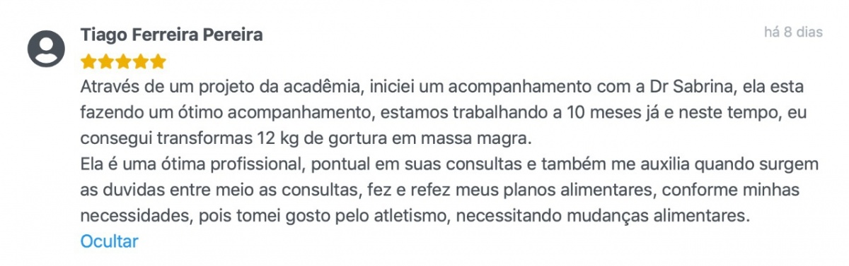 Depoimento sobre a Nutricionista Sabrina